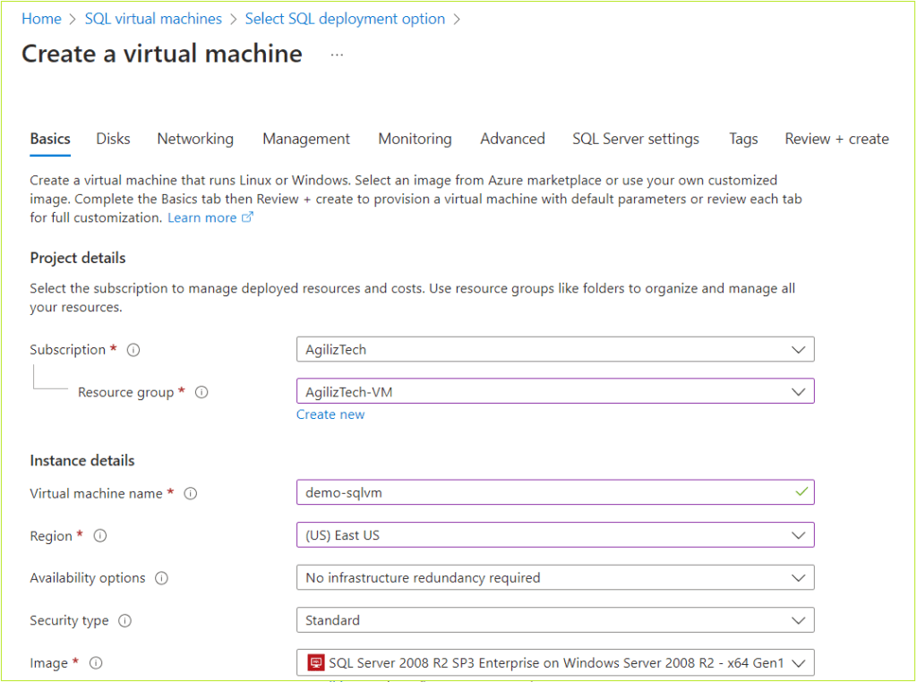 Create an Azure Virtual Machine with SQL