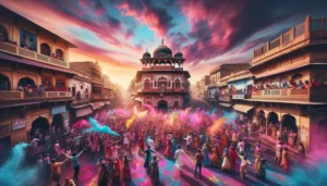 A bustling Indian street scene during the Holi festival