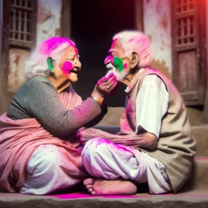 An elderly couple is-depicted-sitting-on-the-steps-of-their-traditional-Indian-home