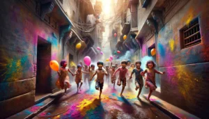 Children-are-depicted-running-through-narrow-alleyways-their-hands-with-Holi-powders