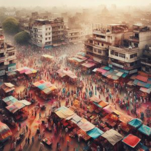 A-panoramic-view-showcases-a-bustling-city-square-during-Holi-festival