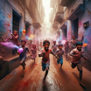 Children-are-depicted-running-through-narrow-alleyways-their-hands-with-Holi-powders